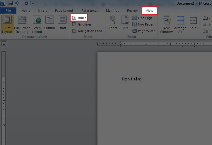 bật hiển thị Ruler trên tab View để chỉnh tab trong word