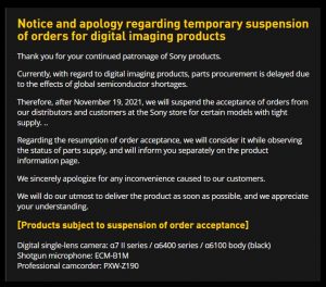 Thông báo tạm ngừng sản xuất được đăng tải trên website của Sony Japan