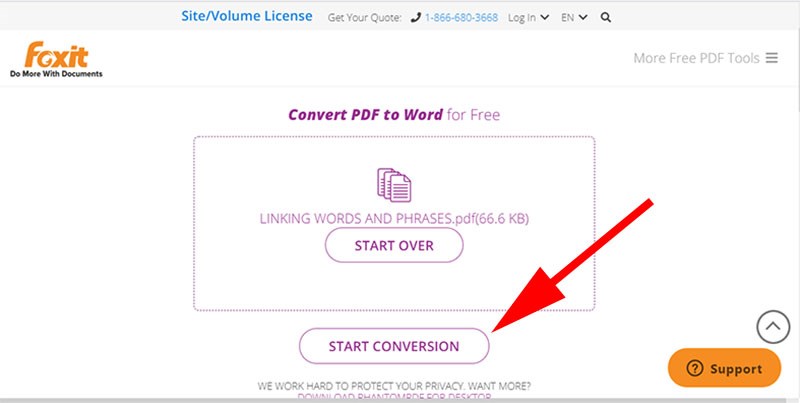 Chọn Start conversion để bắt đầu xuất file pdf sang word