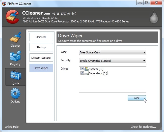 CCleaner xóa sạch dung lượng trống nhờ công cụ Drive Wiper
