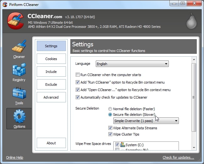 CCleaner xóa các tệp bằng cách sử dụng công cụ Drive Cleaner