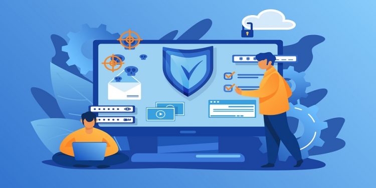 Personal digital security. Defence, protection from hackers, scammers flat vector illustration. Data breaches, data leakage prevention concept for banner, website design or landing web page