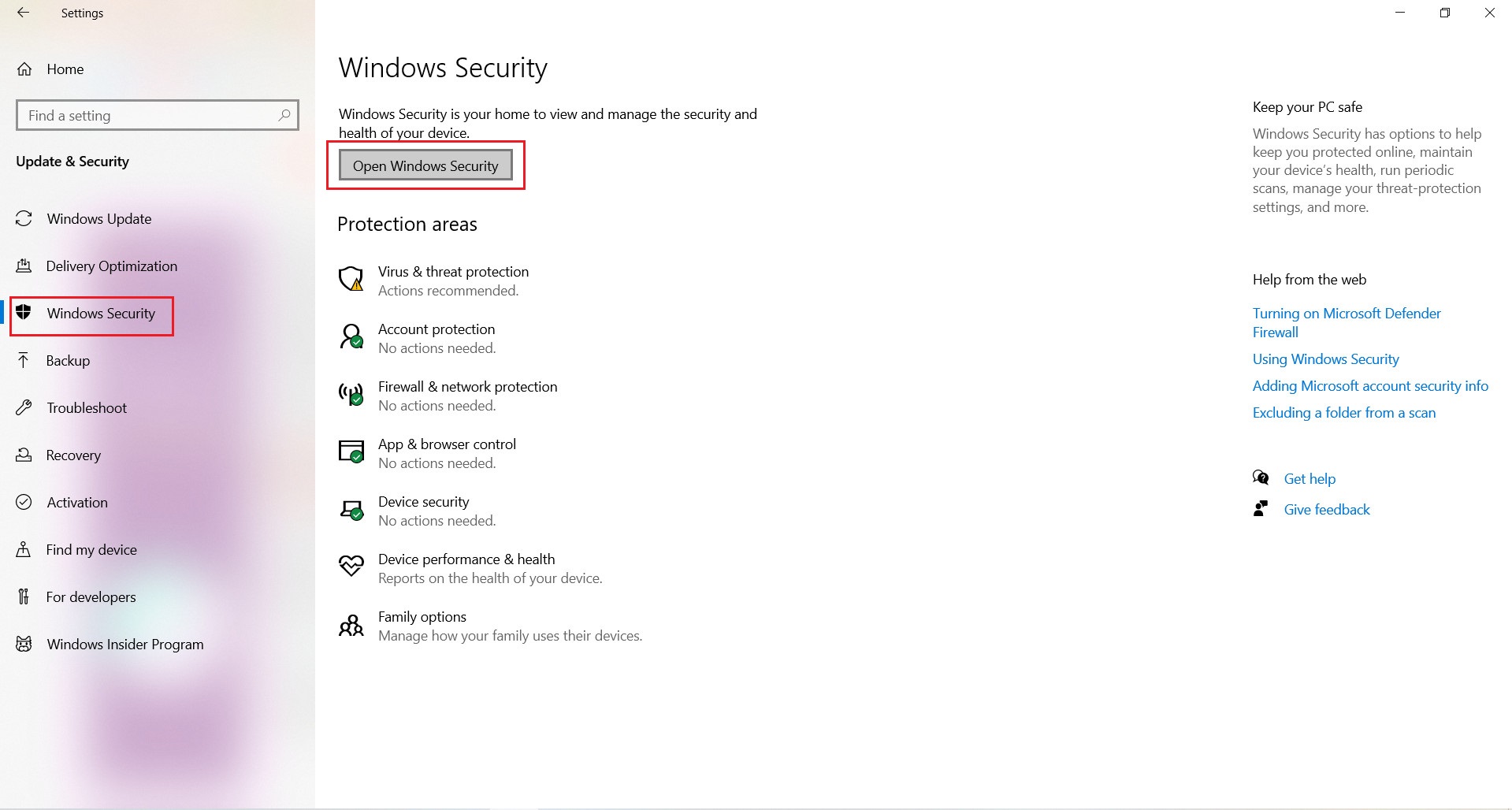Nhấn Open Windows Security trong bảng điều khiển