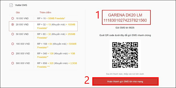 Nạp thẻ Garena qua Viettel SMS