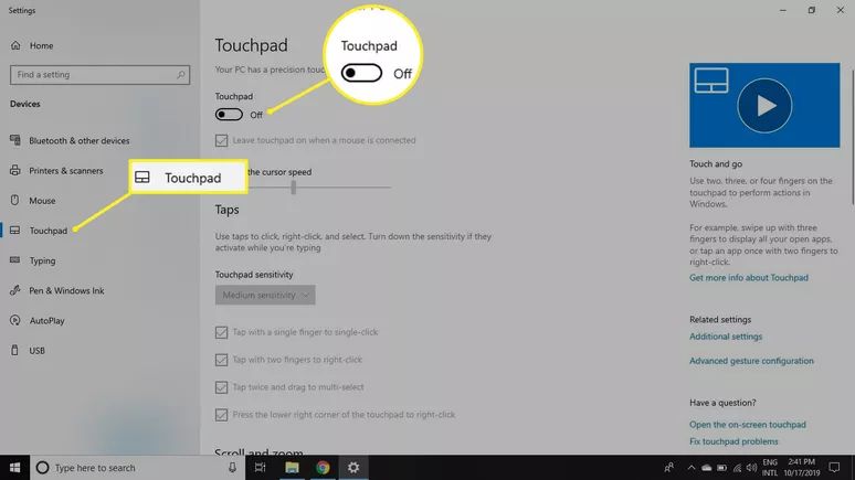 chuyển Touchpad sang trạng thái Off để khóa chuột laptop