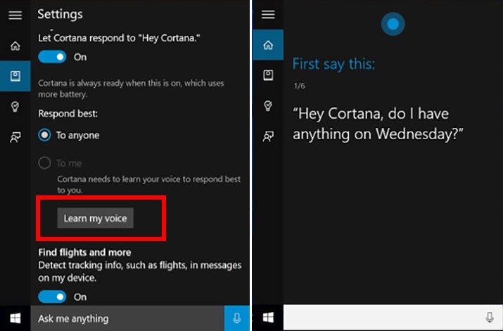 Nhấn chọn Learn my voice để Cortana nhận diện giọng nói chính xác