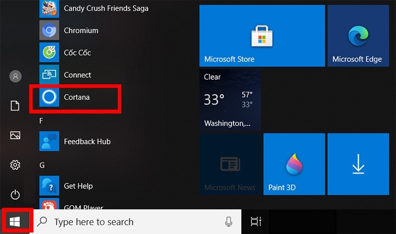 Click vào biểu tượng Windows và chọn Cortana
