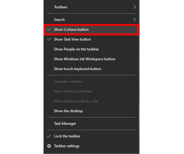 Tích vào Show Cortana Botton để hiển thị ứng dụng trên taskbar