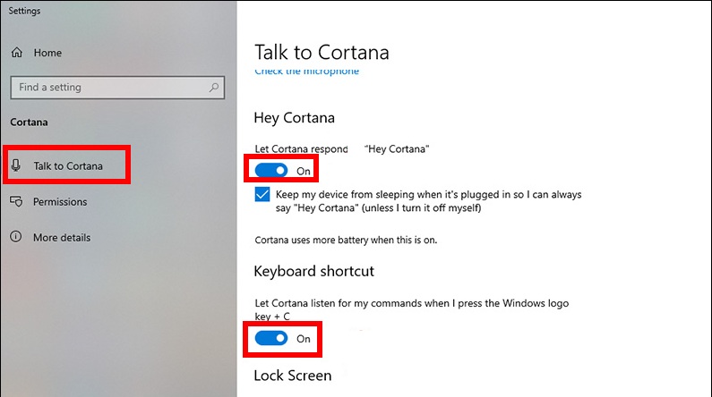 Cài đặt trong mục Talk to Cortana