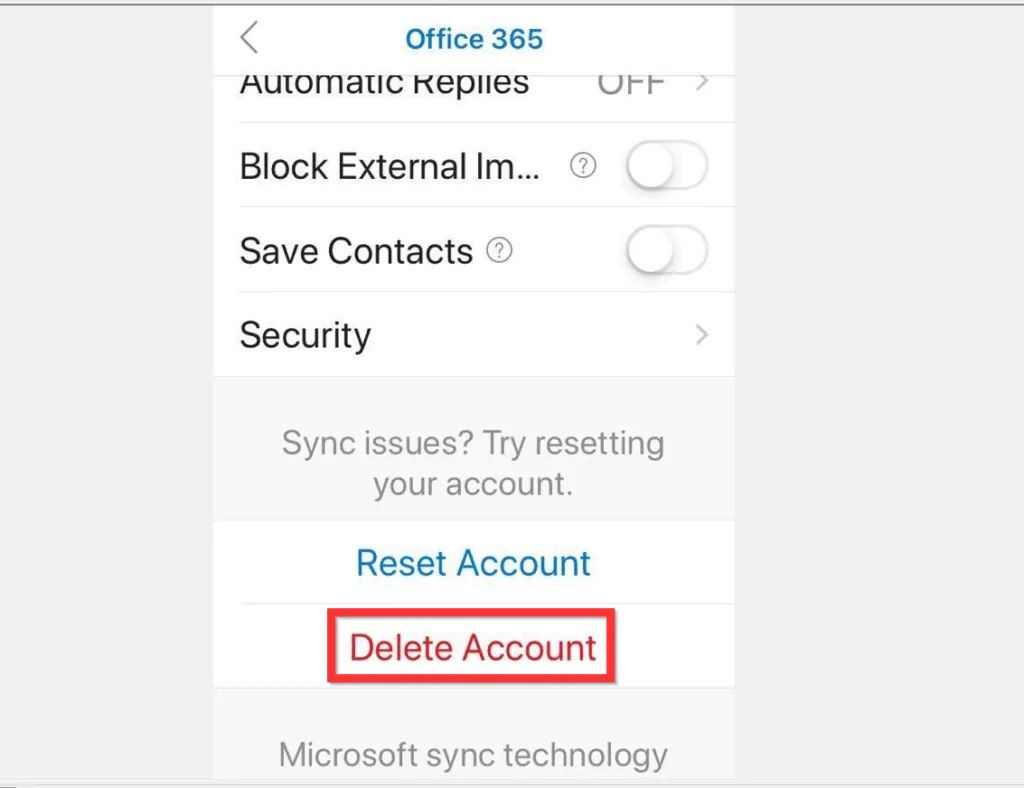 chọn delete account trên ứng dụng outlook của iPhone / iPad (iOS)