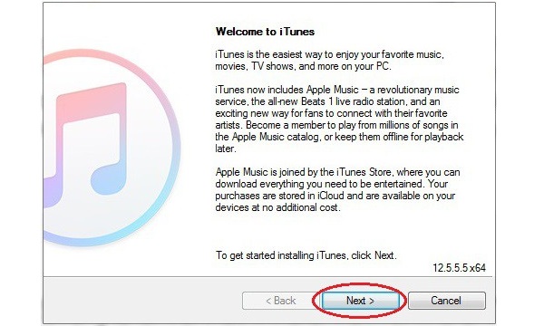 Nhấn Next để bắt đầu cài đặt iTunes