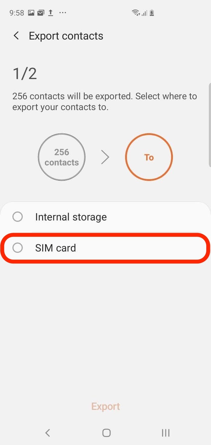 Chọn thẻ SIM để chọn nơi chuyển các số liên lạc