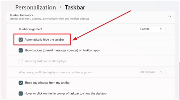 Hướng dẫn ẩn taskbar win 11 qua settings