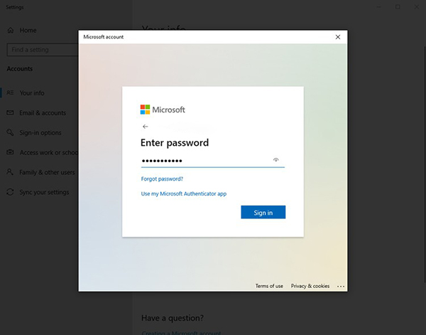 Điền password của tài khoản Microsoft bạn đang dùng