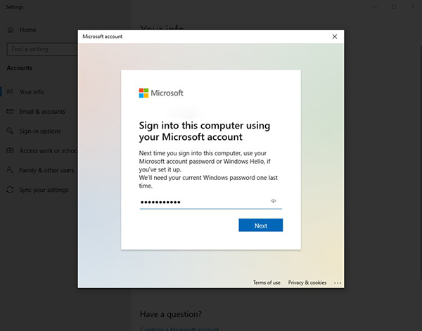 Nhập lại mật khẩu Microsoft