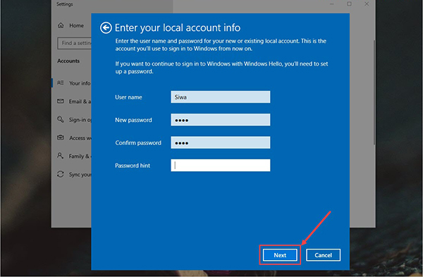Tạo tài khoản Local mới thay thế tài khoản Microsoft sắp đăng xuất
