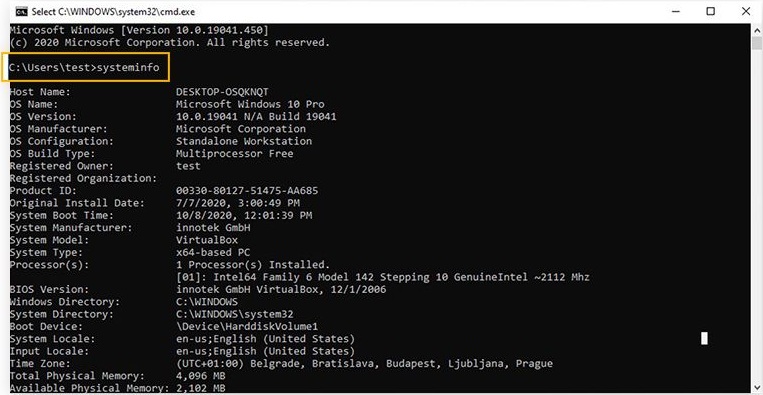 Nhập dòng lệnh systeminfo trong Command Prompt