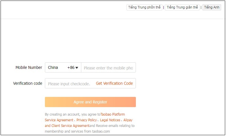 Nhập số điện thoại và xác nhận để đăng ký tài khoản taobao