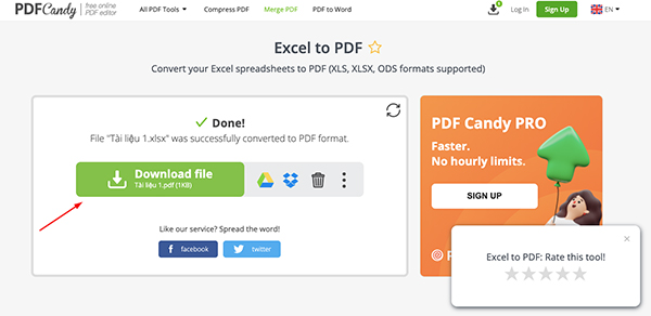 Chuyển file excel sang pdf giữ nguyên định dạng online trên website PDFCandy